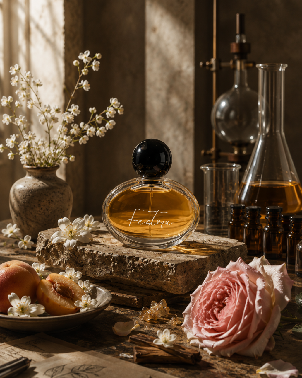 A festora perfume bottle with amber liquid and a black cap sits on a rustic stone slab in a styled still life. The scene includes a pink rose, white blossoms, small bottles, glassware, and warm sunlight filtering through a window, with the word 'Festora' visible on the bottle.