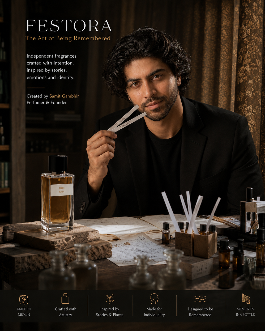 Man holding a perfume strips with Festora branding and product display. High quality ingredients are around which are used to make the perfume he's smelling. 